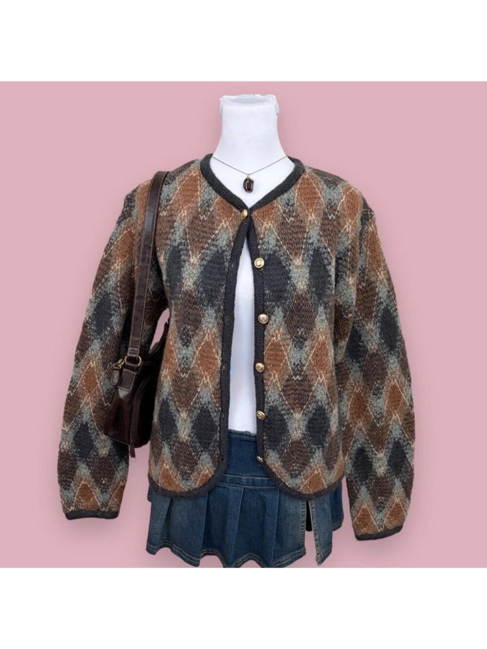 90s argyle twee mohair blend cardigan